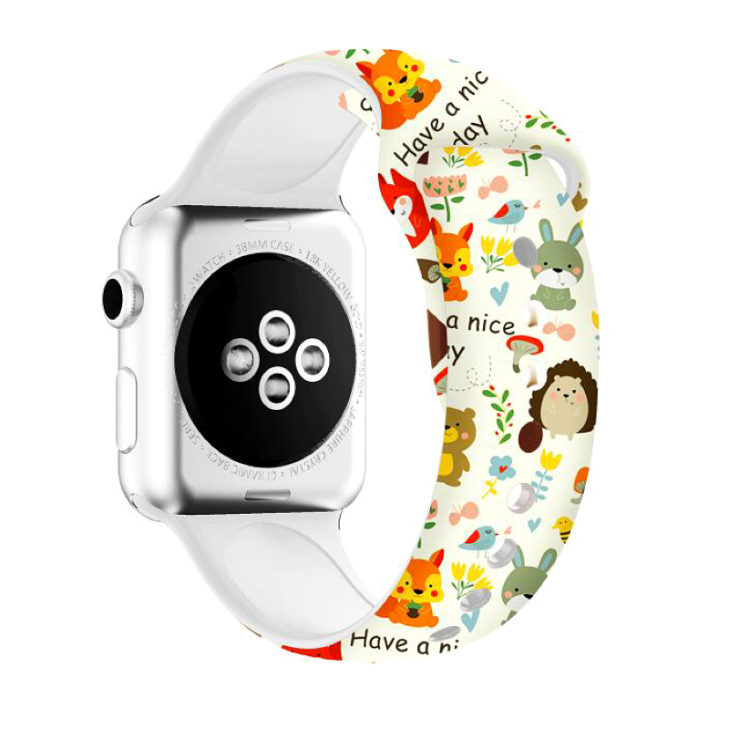 Animal Friends Silicone Sport Apple Watch Band - Animal Buddies Print, Cute Baby Animals on Light Background - Back View.