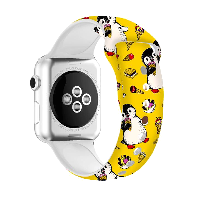 Animal Friends Silicone Sport Apple Watch Band, Lemur Print - Penguins with Ice Cream on Yellow Background - Back View.