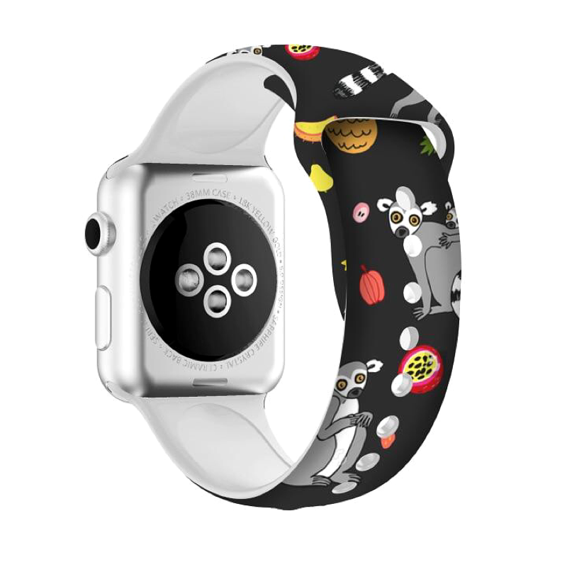 Animal Friends Silicone Sport Apple Watch Band, Lemur Print - Lemurs and Colorful Fruits on Black Background - Back View.