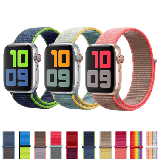 Group of Color Duos Nylon Sport Loops for Apple Watch in Various Colors.