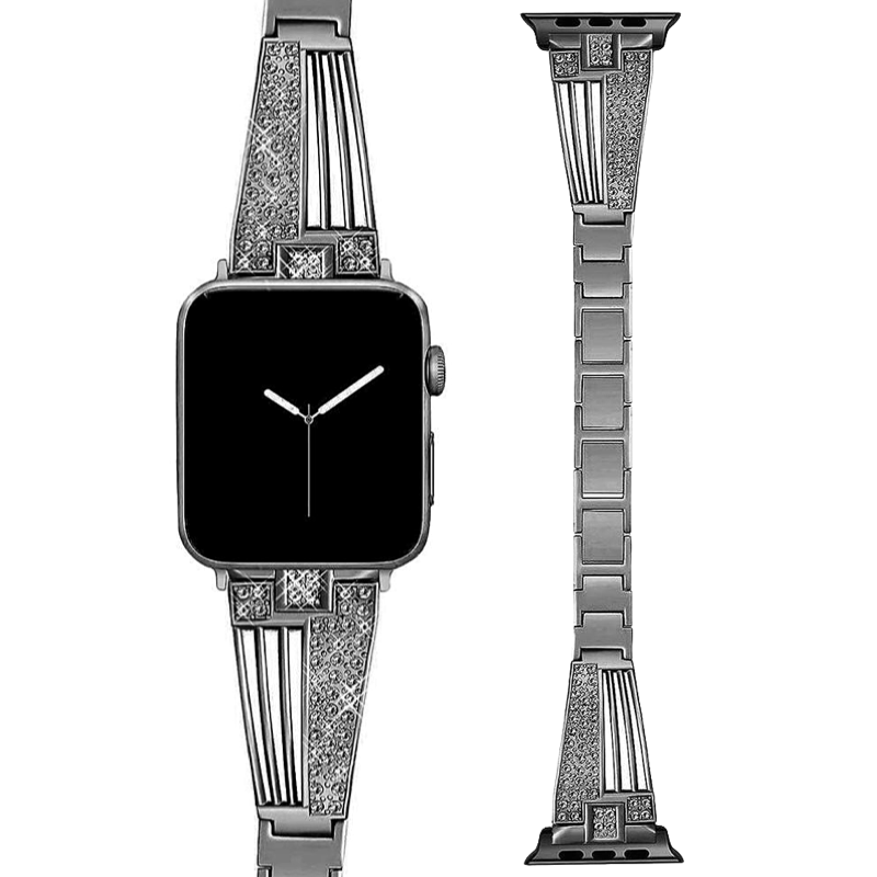 Black Designer Inspired Diamond Bracelet Band for Apple Watch - Flat View.