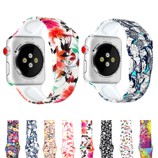 Group of Colorful Designer Pattern Silicone Sport Replacement Apple Watch Bands.