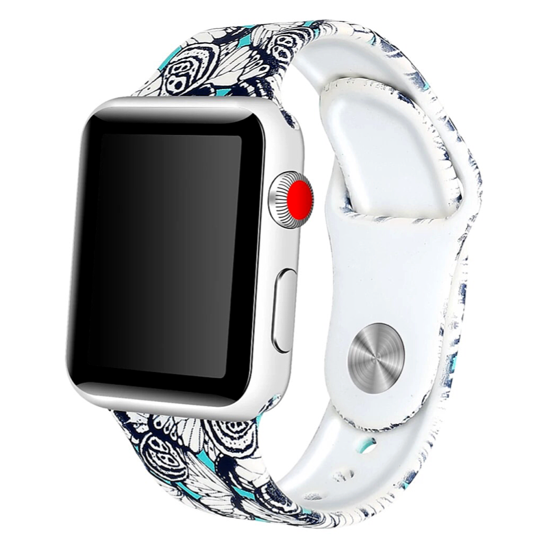 Turquoise, Black, and White Monarch Pattern Designer Silicone Sport Replacement Band for Apple Watch - Front View.