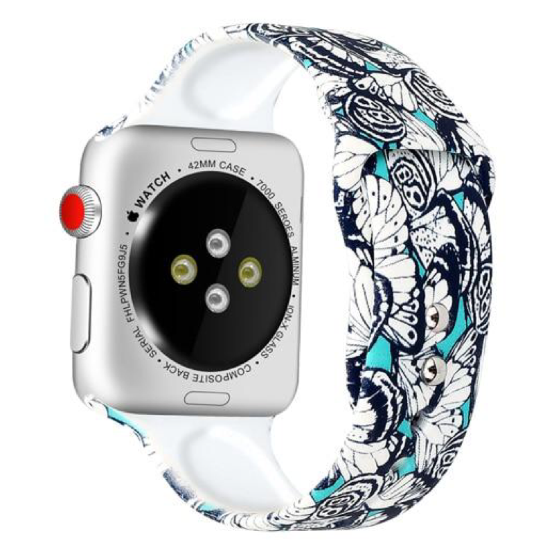 Turquoise, Black, and White Monarch Pattern Designer Silicone Sport Replacement Band for Apple Watch.