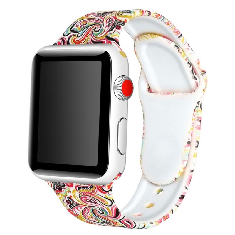 Multicolor Paisley Pattern Designer Silicone Sport Replacement Apple Watch Band - Front View.