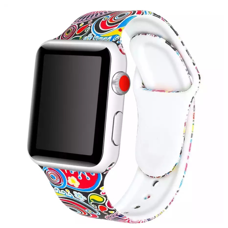 Abstract Shapes with Bold Colors on Black Background Pop Designer Silicone Sport Replacement Apple Watch Band - Front View.