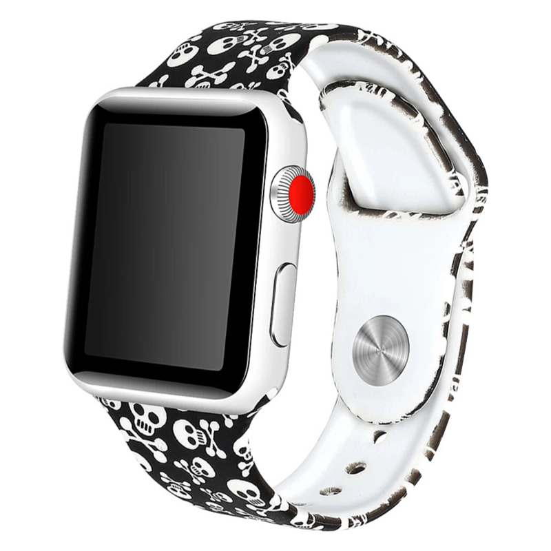 White Skull and Crossbones on Black Background Patterned Designer Silicone Sport Replacement Apple Watch Band - Front View.