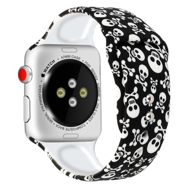 White Skull and Crossbones on Black Background Patterned Designer Silicone Sport Replacement Apple Watch Band.