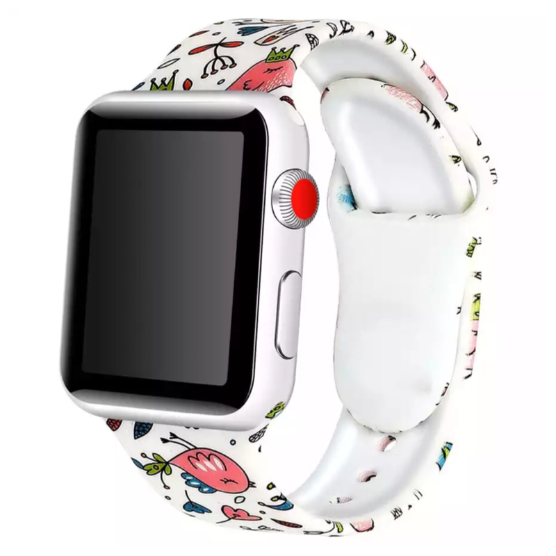 Pink and White Colorful Bird Pattern Tweet Designer Silicone Sport Replacement Apple Watch Band - Front View.