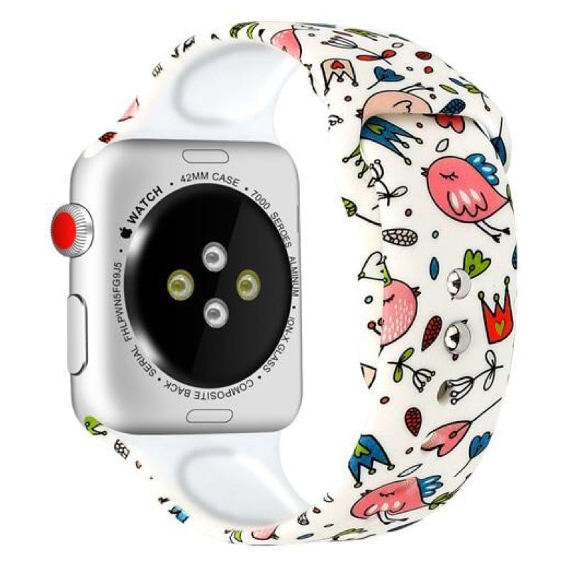 Pink and White Colorful Bird Pattern Tweet Designer Silicone Sport Replacement Apple Watch Band.