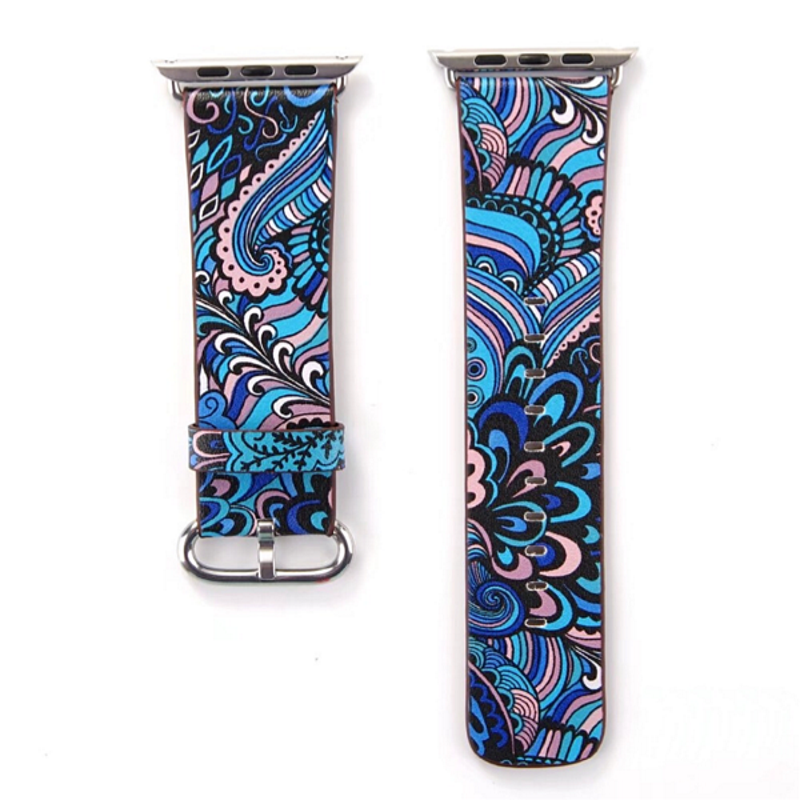 Blue Abstract Floral Pattern Flower Printed Leather Band for Apple Watch - Flat View.