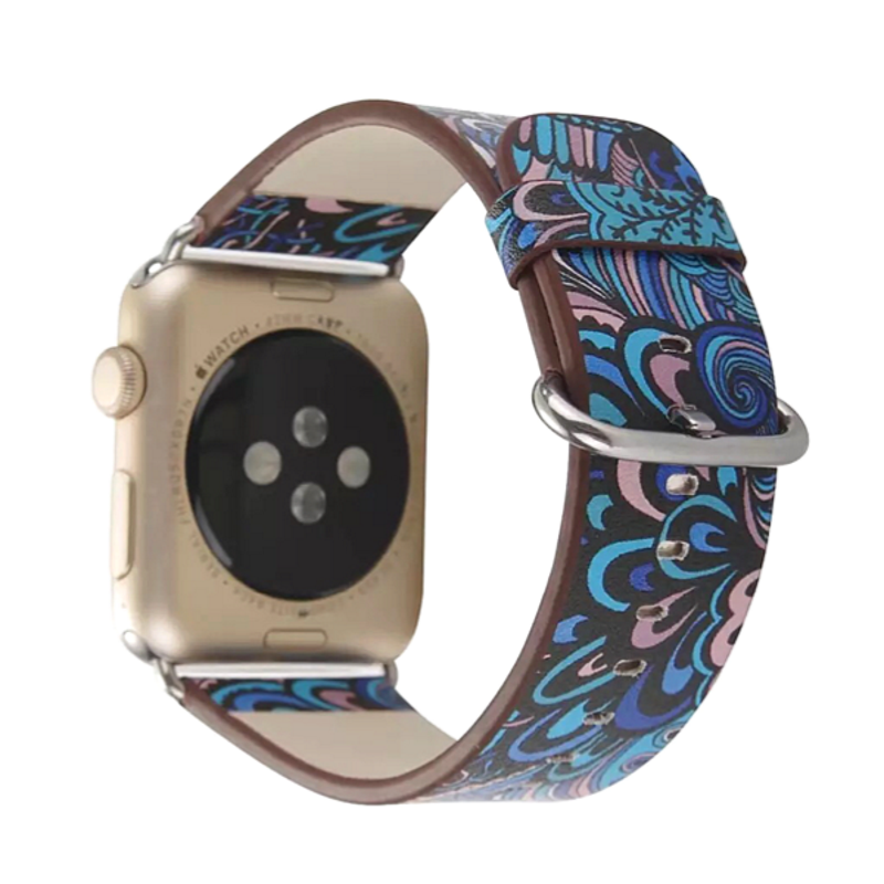 Blue Abstract Floral Pattern Flower Printed Leather Band for Apple Watch.