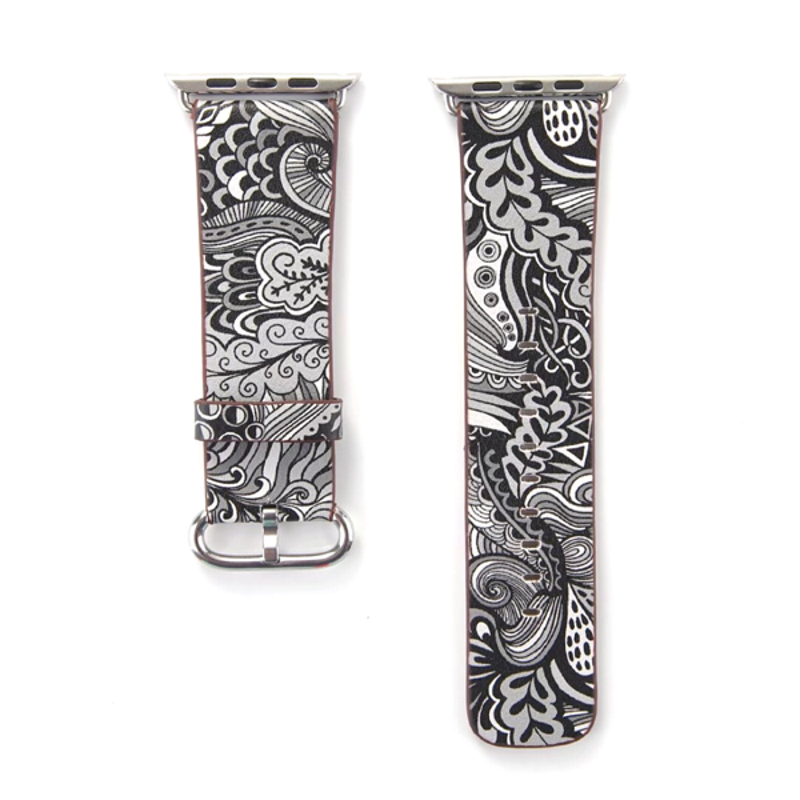 Charcoal Abstract Floral Pattern Flower Printed Leather Band for Apple Watch - Flat View.