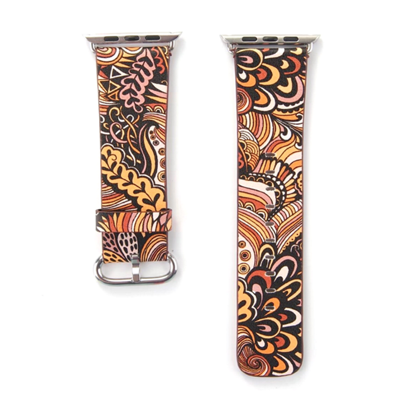 Gold and Brown Abstract Floral Pattern Flower Printed Leather Band for Apple Watch - Flat View.
