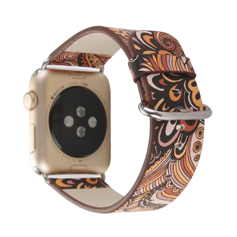 Gold and Brown Abstract Floral Pattern Flower Printed Leather Band for Apple Watch.