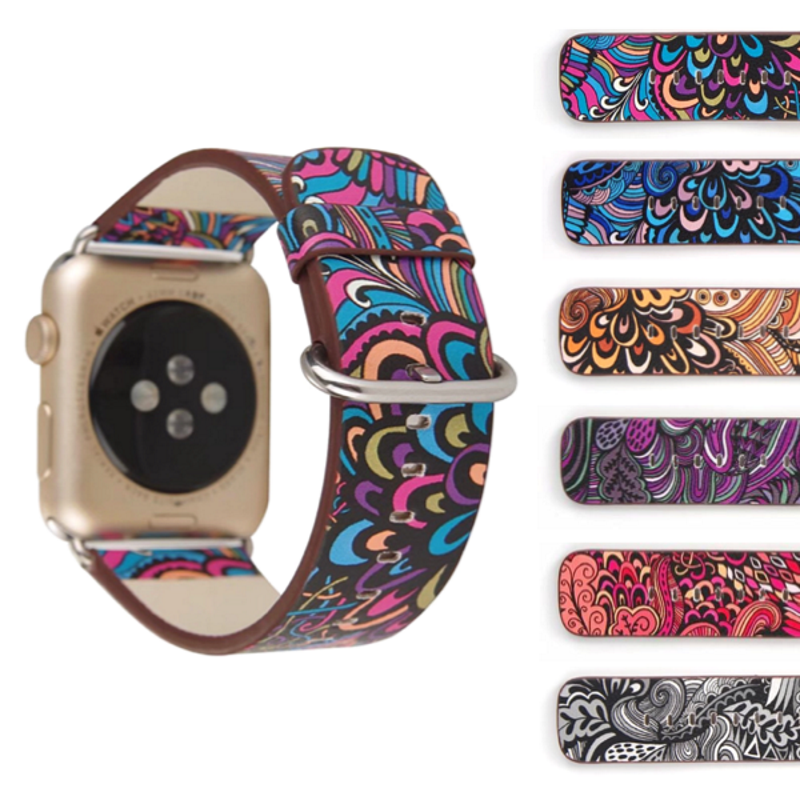 Group Display of Colorful Abstract Floral Pattern Flower Printed Leather Straps for Apple Watch.