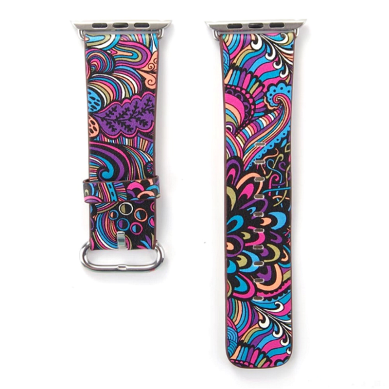 Multicolor Abstract Floral Pattern Flower Printed Leather Band for Apple Watch - Flat View.