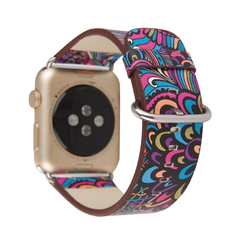 Multicolor Abstract Floral Pattern Flower Printed Leather Band for Apple Watch.