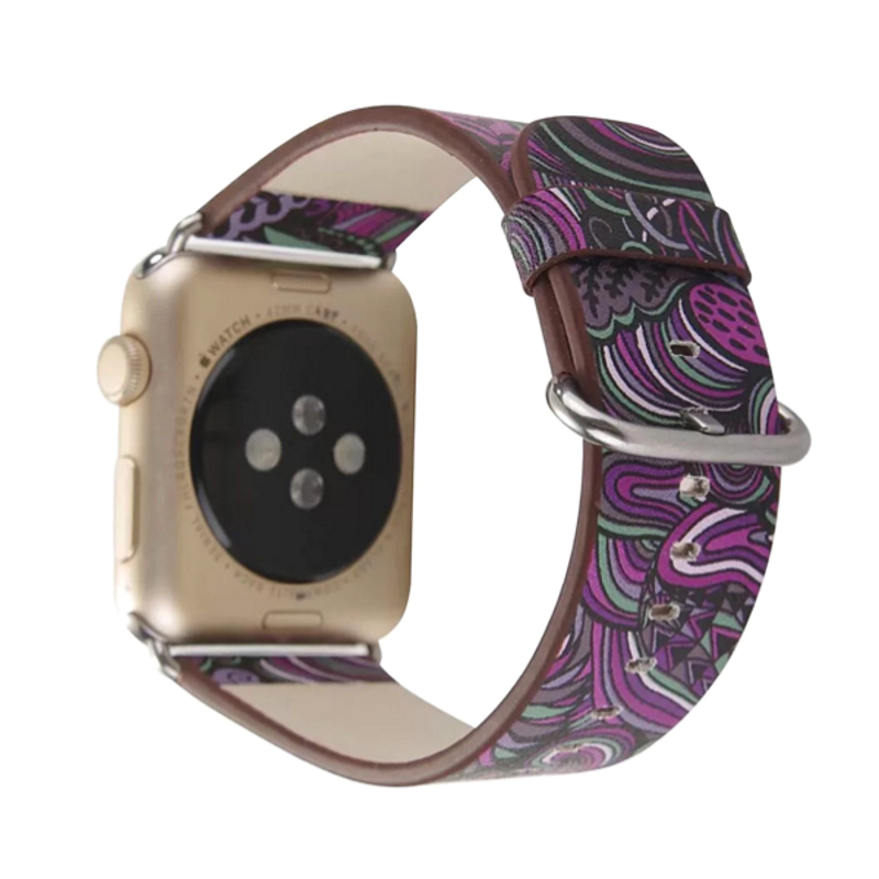 Purple Abstract Floral Pattern Flower Printed Leather Band for Apple Watch.