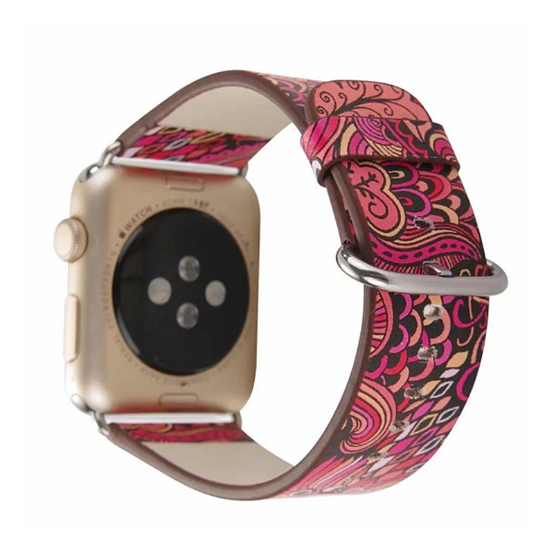 Red Abstract Floral Pattern Flower Printed Leather Band for Apple Watch.