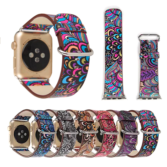 Group of Colorful Abstract Floral Pattern Printed Leather Apple Watch Bands in Various Colors.