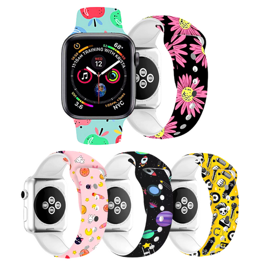 Group of Fun Prints Silicone Sport Apple Watch Bands in Various Styles.