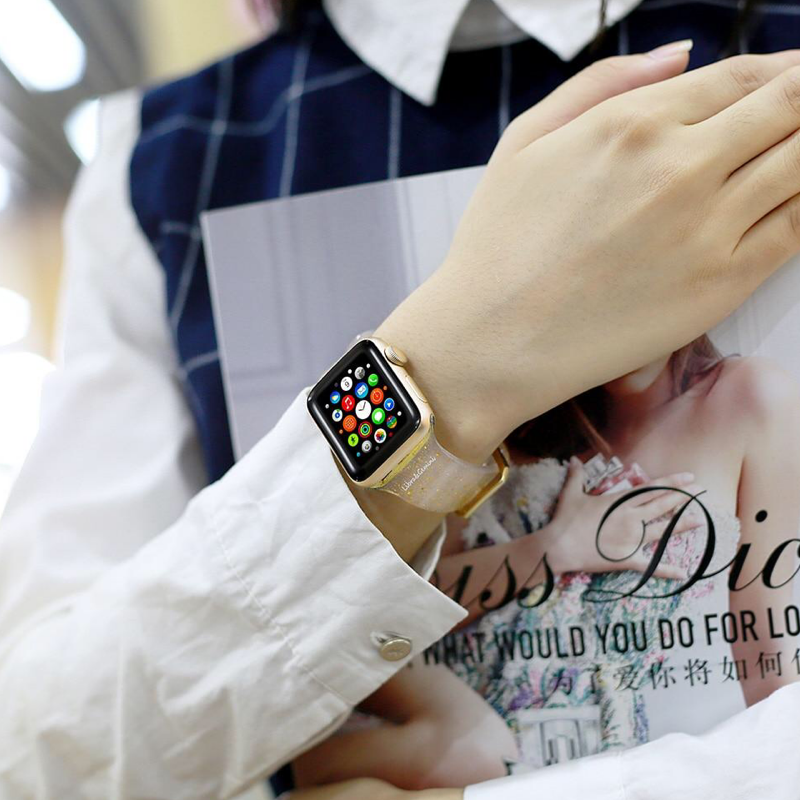 Closeup of Model’s Wrist, Wearing Gold Glitter Silicone Sport Band for Apple Watch.