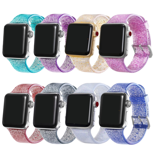 Group of Glitter Silicone Sport Apple Watch Bands in Various Colors.