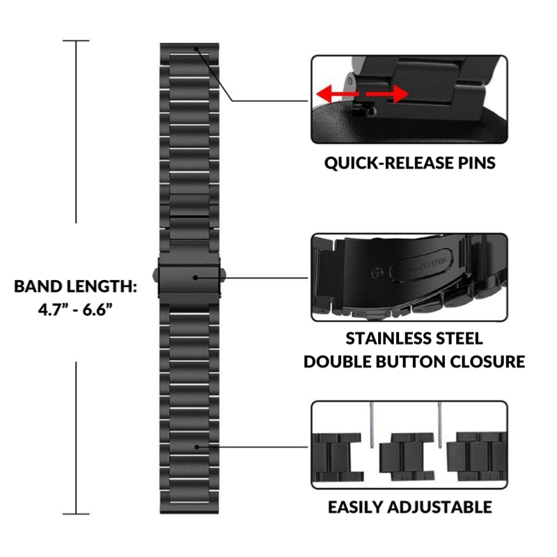Link Style Bracelet Band for Fitbit Versa - Featuring a Locking Clasp, Adjustable Size, and Quick Release Pins.
