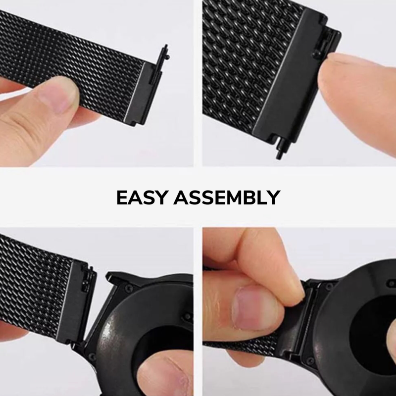 Four Closeup Instructional Pictures Showing How Easy It Is to Assemble the Milanese Universal Watch Band.