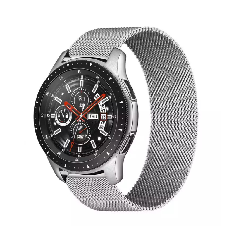 Silver Milanese Universal Watch Band on Samsung Galaxy Watch.