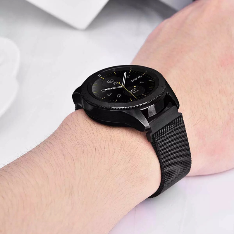 Closeup of Model's Wrist, Wearing a Black Milanese Universal Watch Band with Samsung Galaxy Watch.