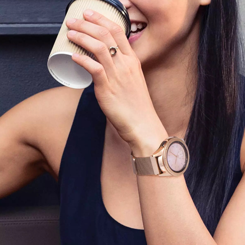 Model Wearing a Rose Gold Milanese Universal Band with Samsung Galaxy Watch.