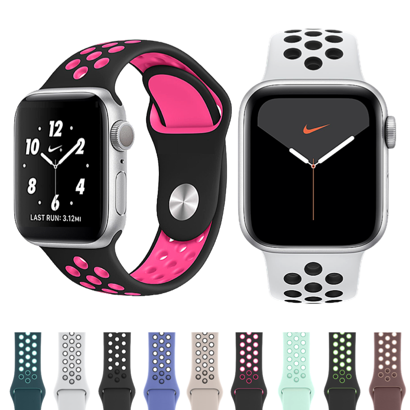 Group of Nike Style Silicone Sport Bands for Apple Watch in Various Colors.