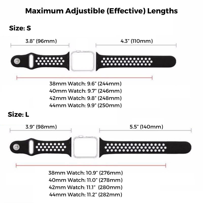 Band Length Measurements Diagram for Nike Style Silicone Sport Bands for Apple Watch.