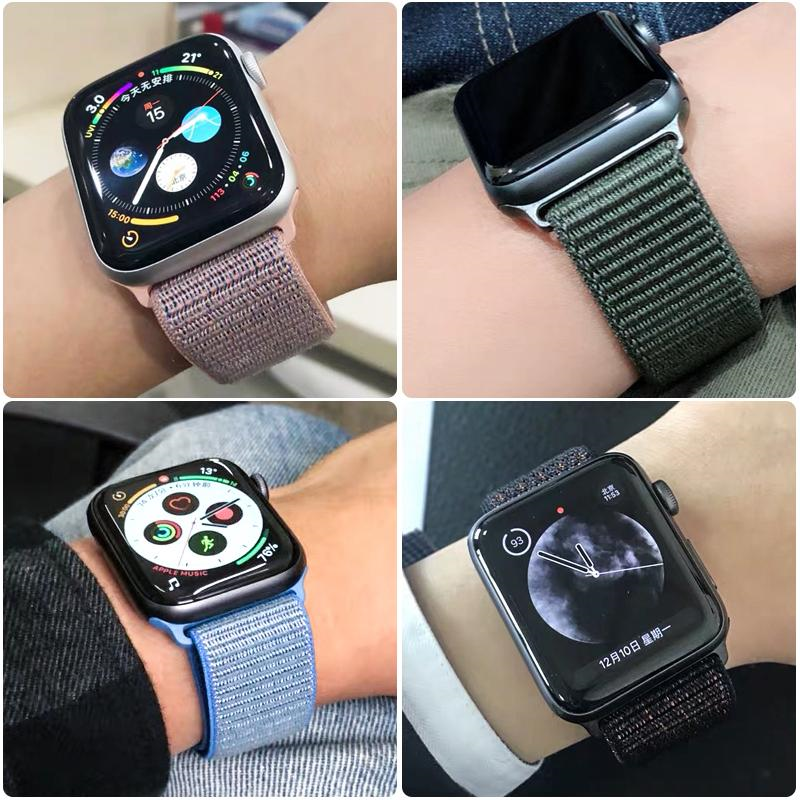 Collage of Four Closeups of Models’ Wrists, Wearing Various Colored Nylon Sport Loop Bands for Apple Watch.