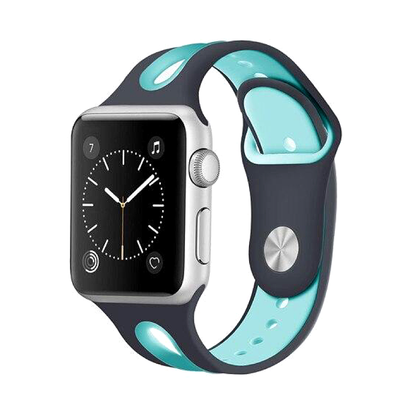 Charcoal Gray and Aqua Open Style Silicone Sport Band for Apple Watch.
