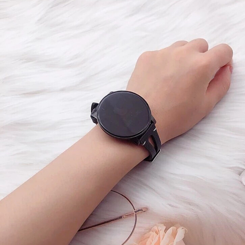 Closeup of Model's Wrist, Wearing a Black Open Style Slim Leather 22mm Universal Watch Band.