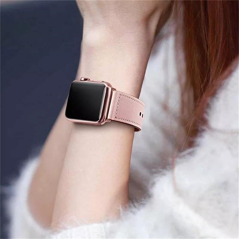 Closeup of Model's Wrist, Wearing a Pink Premium Leather Band with Apple Watch.