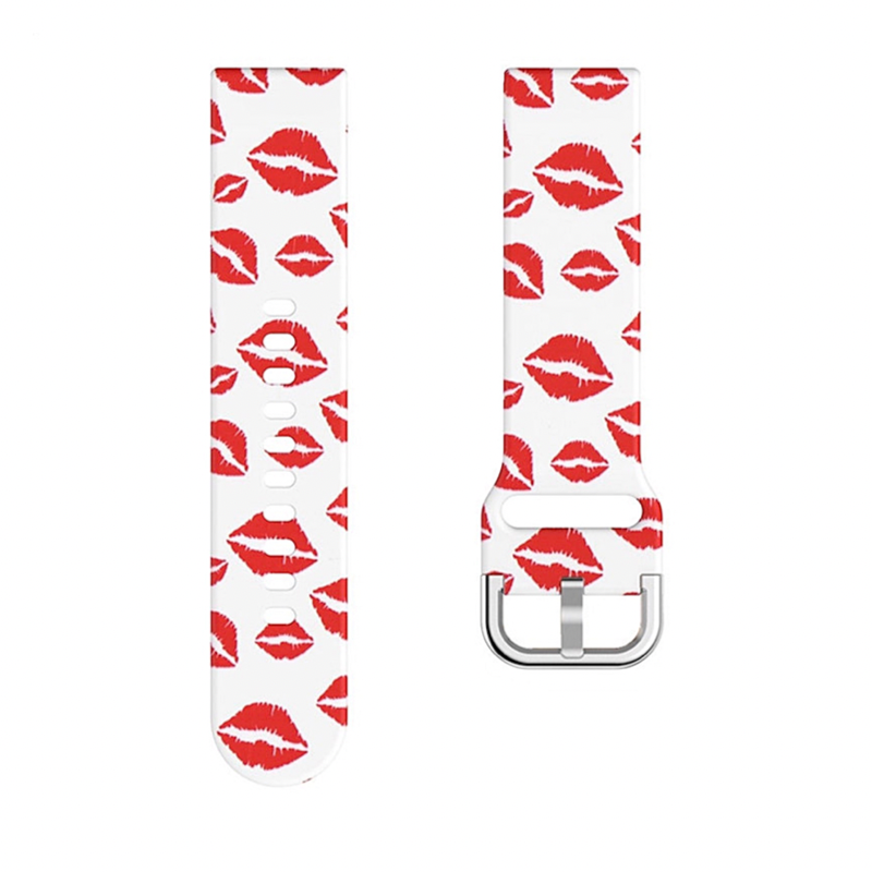 Red and White Color Kiss Lips Printed Silicone Sport Universal 22mm Watch Band - Flat View.