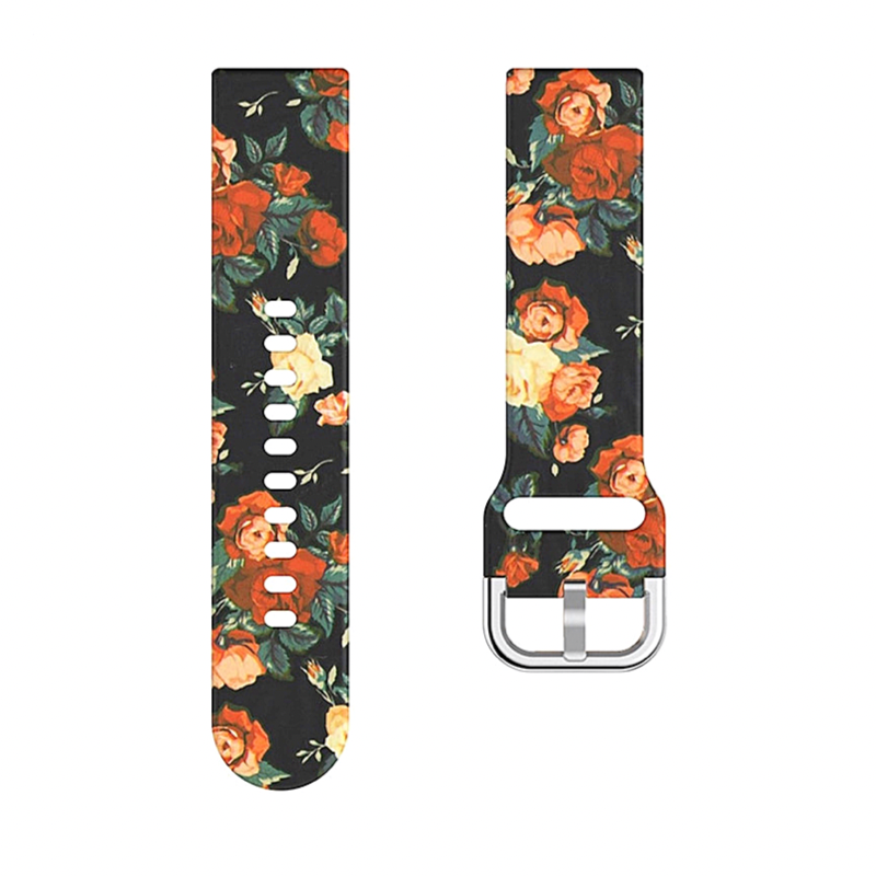 Yellow Rose Printed Silicone Sport Universal 22mm Watch Band - Flat View.