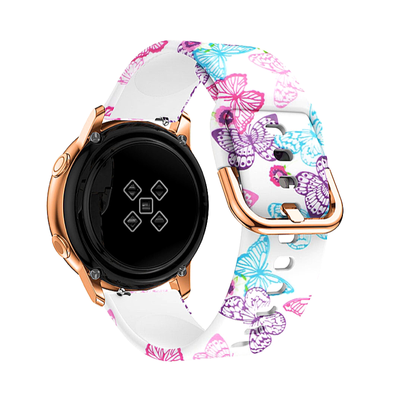 Multicolor Butterfly Printed Silicone Sport 20mm Watch Band on Samsung Galaxy Active 2 - Back View.