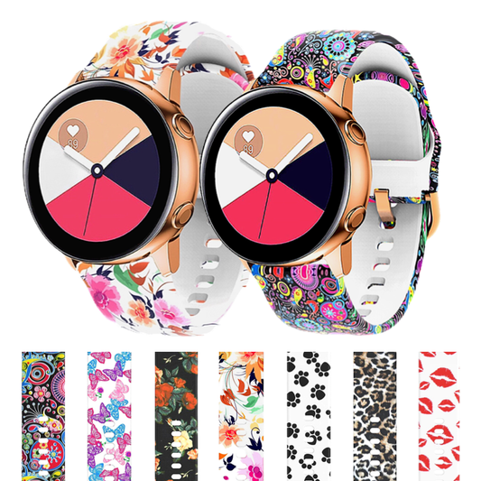 Various Styles of Colorful Printed Silicone Sport 20mm Watch Bands for Samsung Galaxy Watch 42mm, Active 2, and Others.