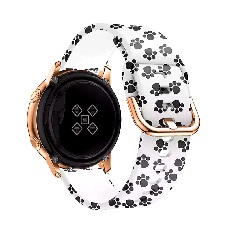 White and Black Dog Cat Pet Pawprint Printed Silicone Sport 20mm Watch Band on Samsung Galaxy Active 2 - Back View.
