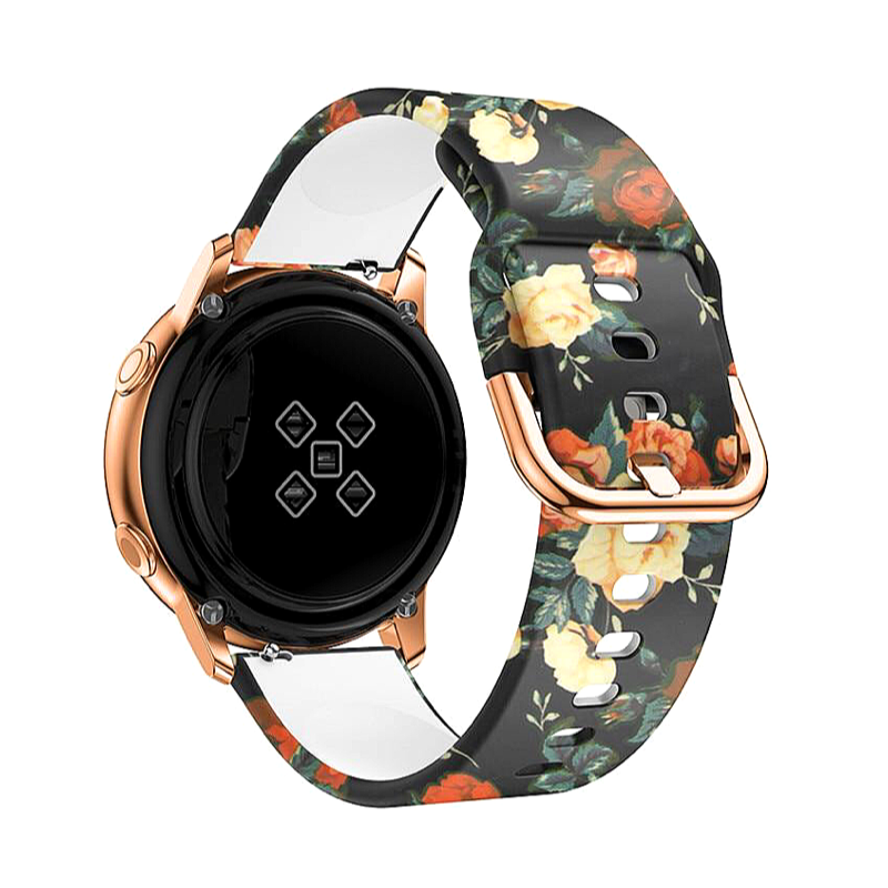 Multicolor Black, Orange, and Yellow Rose Printed Silicone Sport 20mm Watch Band on Samsung Galaxy Active 2 - Back View.