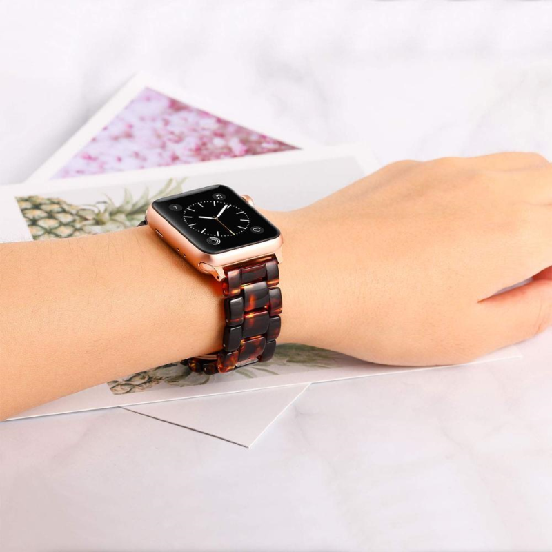 Closeup of Model's Wrist, Wearing a Dark Tortoise Brown Resin Band with Apple Watch.