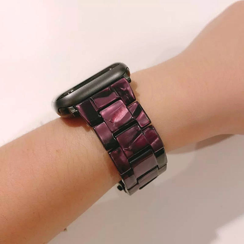 Closeup of Model's Wrist, Wearing Purple Graphite Resin Band with Apple Watch.