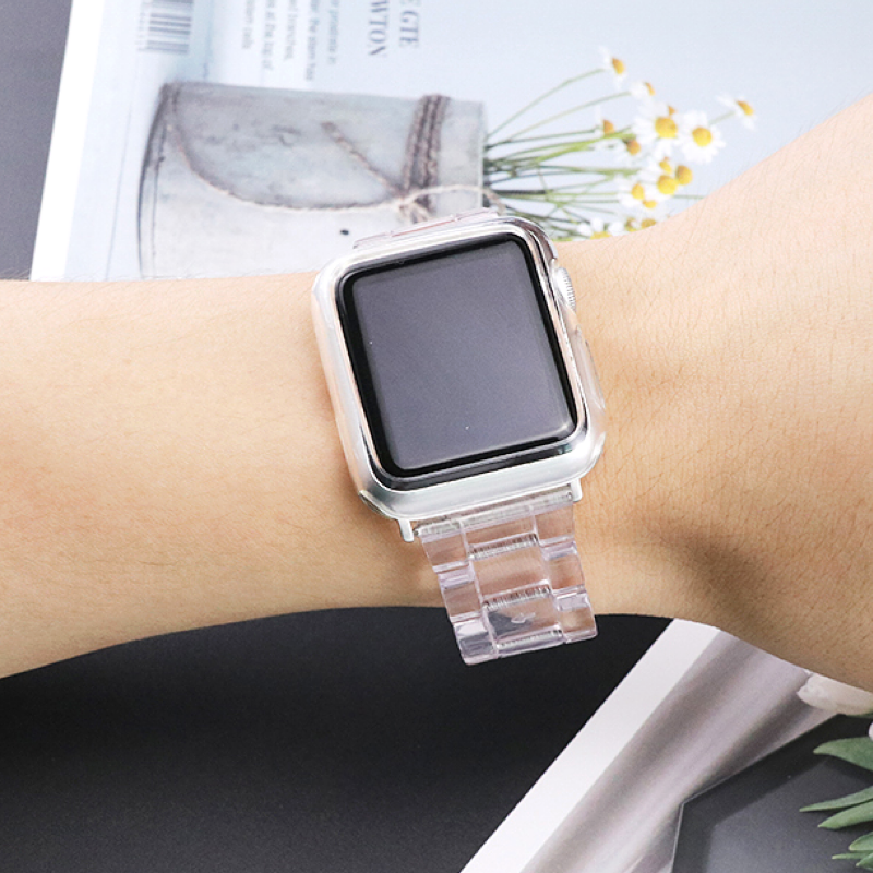 Closeup of Model's Wrist, Wearing a Clear Transparent Resin Band with Apple Watch.
