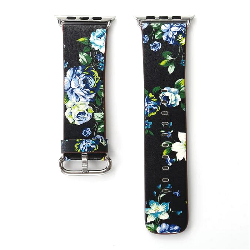 Black and Blue Rose Flower Print Leather Band for Apple Watch - Flat View.