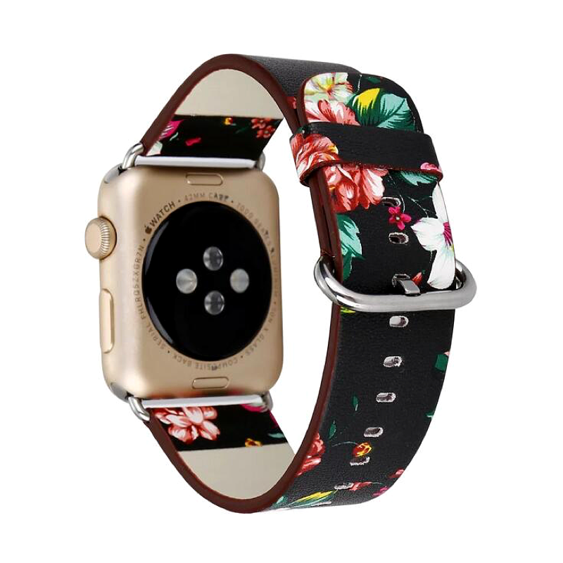 Black and Red Rose Flower Print Leather Band for Apple Watch.
